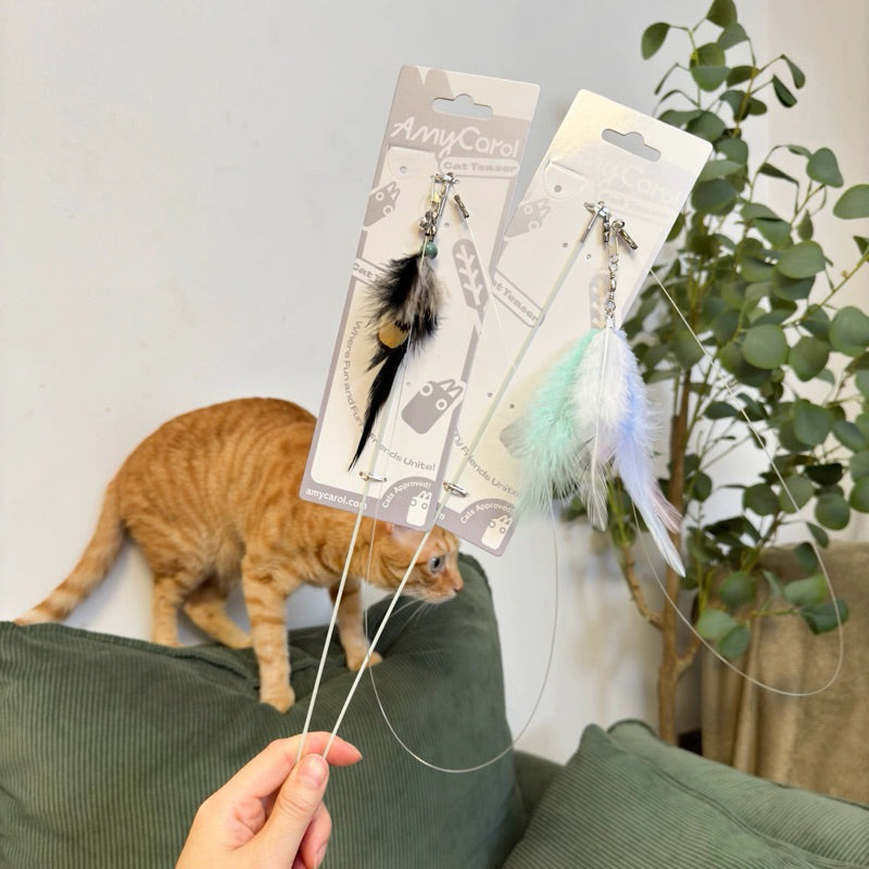 Amy Carol Wooden Handle Fishing Line Cat Teaser – Interactive & Replaceable Feather Toy