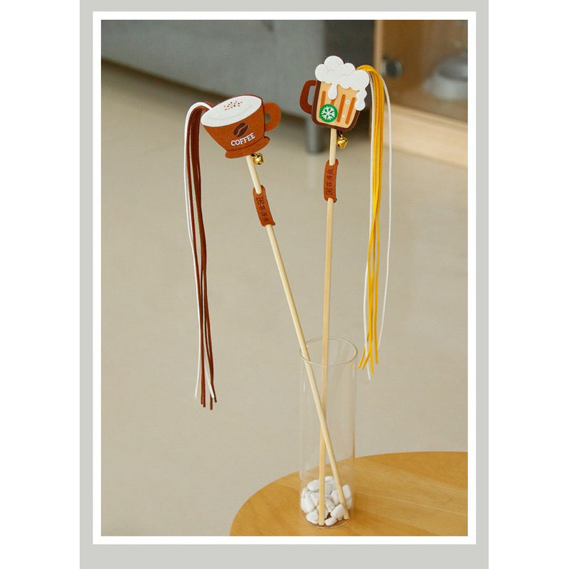 Bubble Tea Felt Cat Teaser Stick Wand Chaser Coffee Beer with Bell
