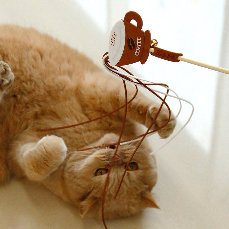 Bubble Tea Felt Cat Teaser Stick Wand Chaser Coffee Beer with Bell