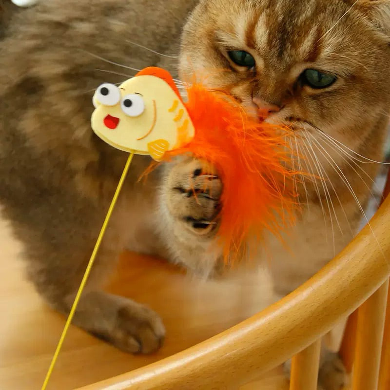 Triple Fish Feather Cat Teaser Wand – Durable & Fun Interactive Toy