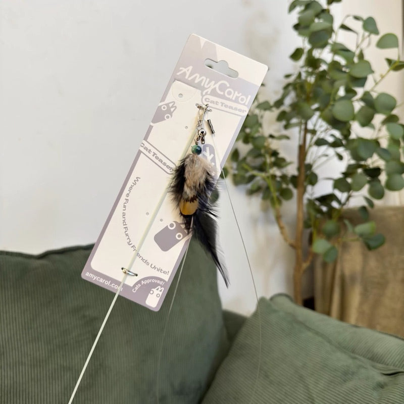 Amy Carol Wooden Handle Fishing Line Cat Teaser – Interactive & Replaceable Feather Toy