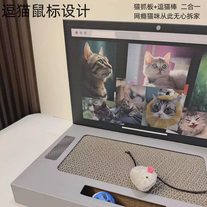 Computer Cat Scratcher w Teaser Mouse Scratching Board Kitten Bed