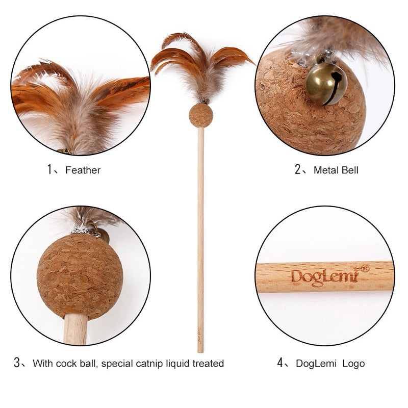 Natural Feather Cat Teaser Wand with Catnip Softwood Bell – Interactive Play and Dental Health Toy for Cats