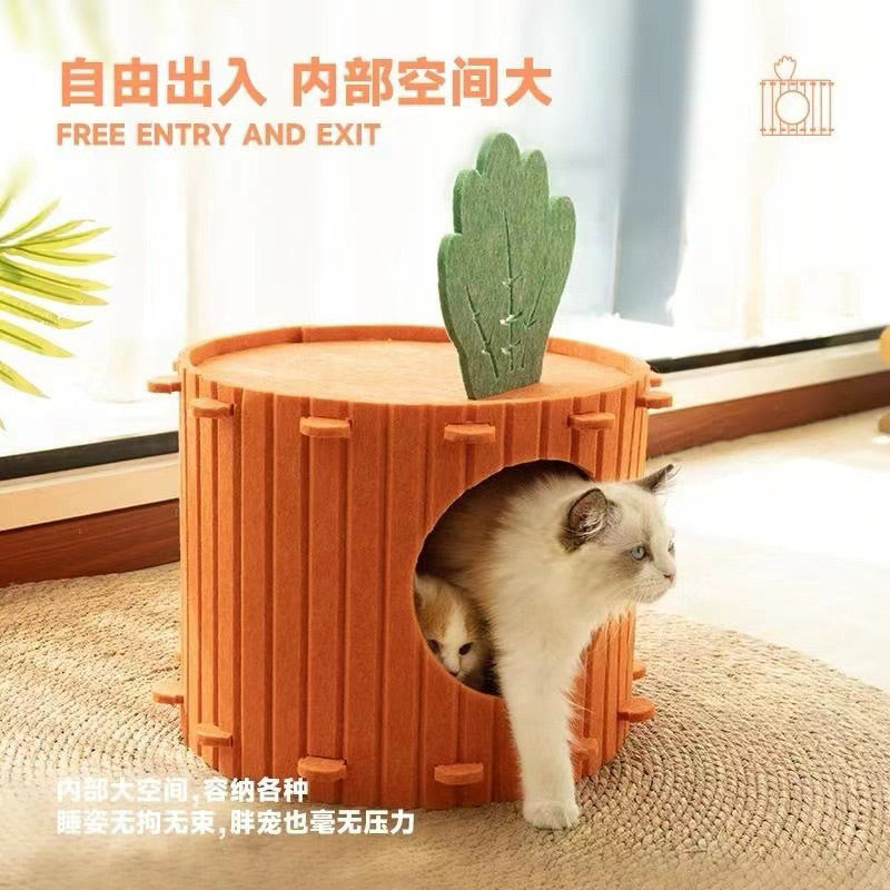 Carrot-Shaped Double-dexk Semi-Enclosed Felt Cat Bed All-Season Pet Hideout