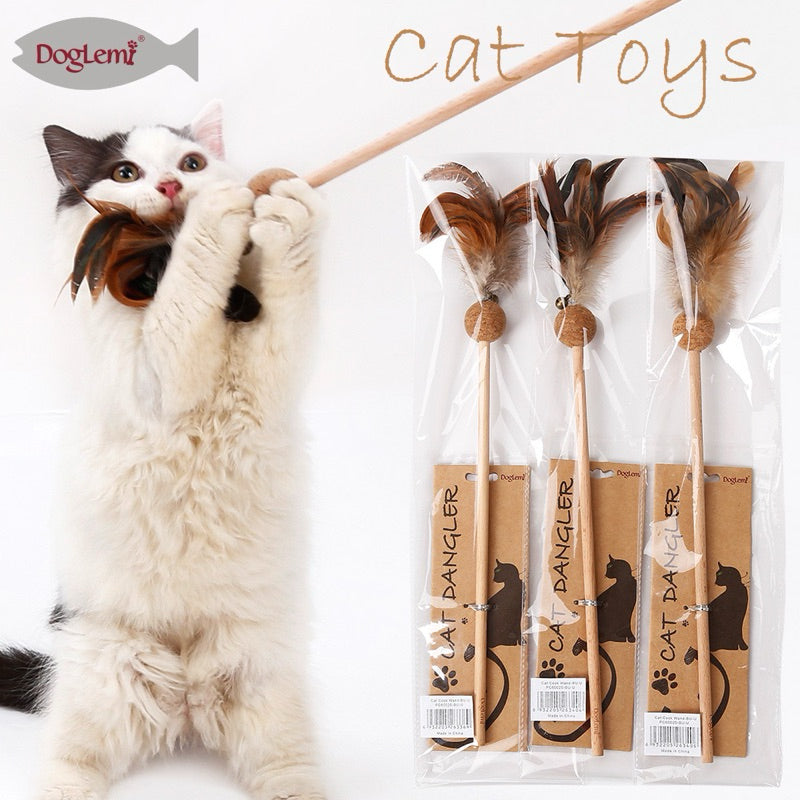 Natural Feather Cat Teaser Wand with Catnip Softwood Bell – Interactive Play and Dental Health Toy for Cats