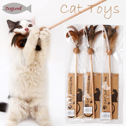 Natural Feather Cat Teaser Wand with Catnip Softwood Bell – Interactive Play and Dental Health Toy for Cats