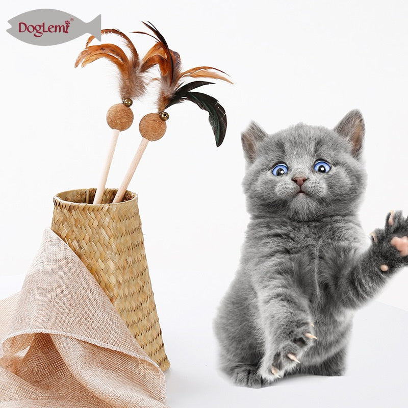 Natural Feather Cat Teaser Wand with Catnip Softwood Bell – Interactive Play and Dental Health Toy for Cats
