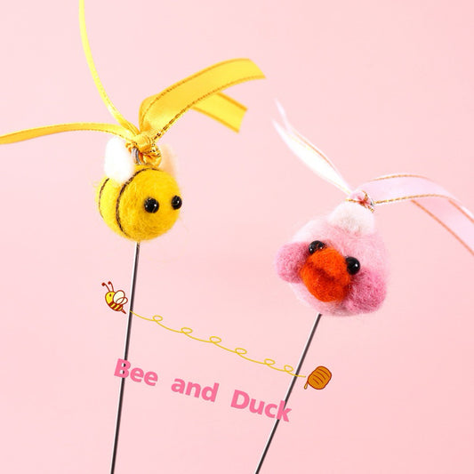 Felt Duck n Bee Cat teaser Wand Stick Pet Toy Training Chaser
