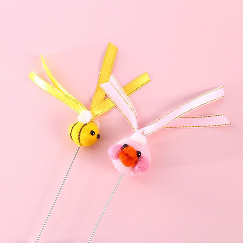 Felt Duck n Bee Cat teaser Wand Stick Pet Toy Training Chaser